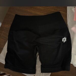 High-Waist Black Athletic Biker Shorts with Subtle Right-Hip Logo